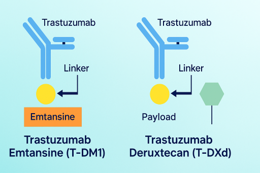 Comparison of HER2-targeted ADCs trastuzumab, T-DM1, and T-DXd