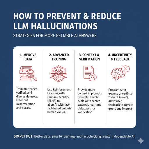 Checklist and flow icons summarizing ways to reduce hallucinations: RAG with curated sources, precise prompt contracts, counter-prompting, guardrail checkers, domain-tuned models, human-in-the-loop, versioning and audit logs.