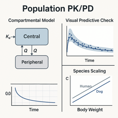 Population PK/PD diagram with two compartment model, visual predictive check, and allometric scaling panel.