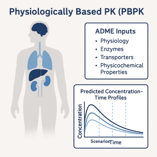 Physiologically based PK diagram with organ and tissue compartments and predicted concentration time profiles.
