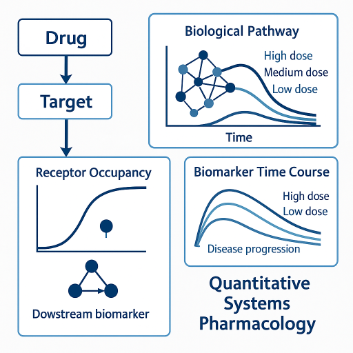 Quantitative systems pharmacology figure with drug target pathway, receptor occupancy, biomarker, and disease progression curves.