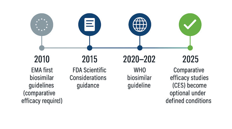 Timeline from 2010 to 2025 showing key EMA, FDA, and WHO milestones leading to optional CES under defined conditions.