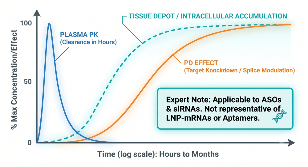 Pharmacokinetic and pharmacodynamic line graph demonstrating the rapid plasma clearance of ASOs and siRNAs contrasted against prolonged intracellular tissue accumulation and durable target knockdown effects.