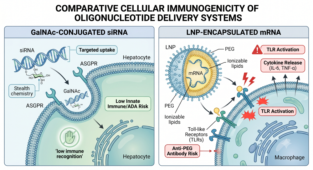 Side-by-side mechanistic biological illustration comparing the silent ASGPR-targeted hepatocyte uptake of GalNAc-conjugated oligos against the TLR and complement immune activation triggered by lipid nanoparticles (LNPs).