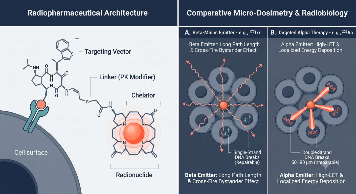 Split-panel diagram illustrating the four modular domains of a radiopharmaceutical conjugate alongside a cellular micro-dosimetry comparison of single-strand beta breaks versus double-strand alpha breaks.