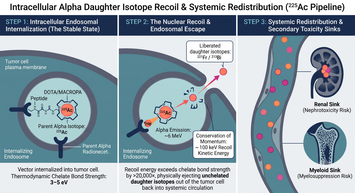 Three-step sequential diagram depicting intracellular Actinium-225 alpha decay, chelate bond shattering via 100 keV kinetic recoil, and systemic redistribution of free daughter isotopes to renal and bone marrow sinks.