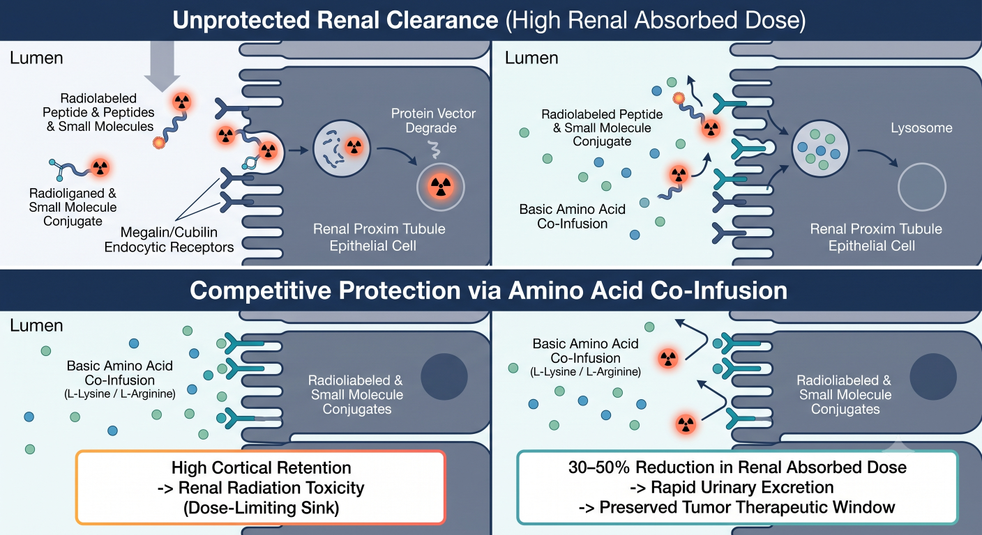 Cellular mechanism diagram comparing unprotected megalin/cubilin renal reabsorption of radioligands against competitive protection achieved via L-lysine and L-arginine co-infusion.
