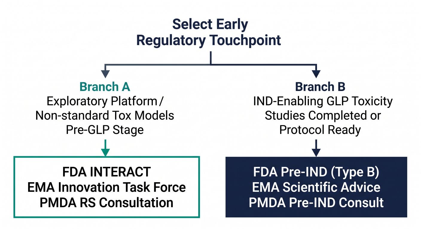 Decision tree flowchart routing early-stage biotech assets to FDA INTERACT versus Pre-IND meetings based on preclinical data maturity and platform novelty.