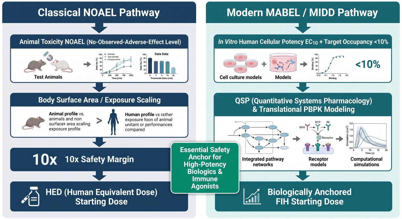 Diagram contrasting traditional NOAEL toxicity-based human starting dose derivation against modern biological MABEL and MIDD quantitative approaches.