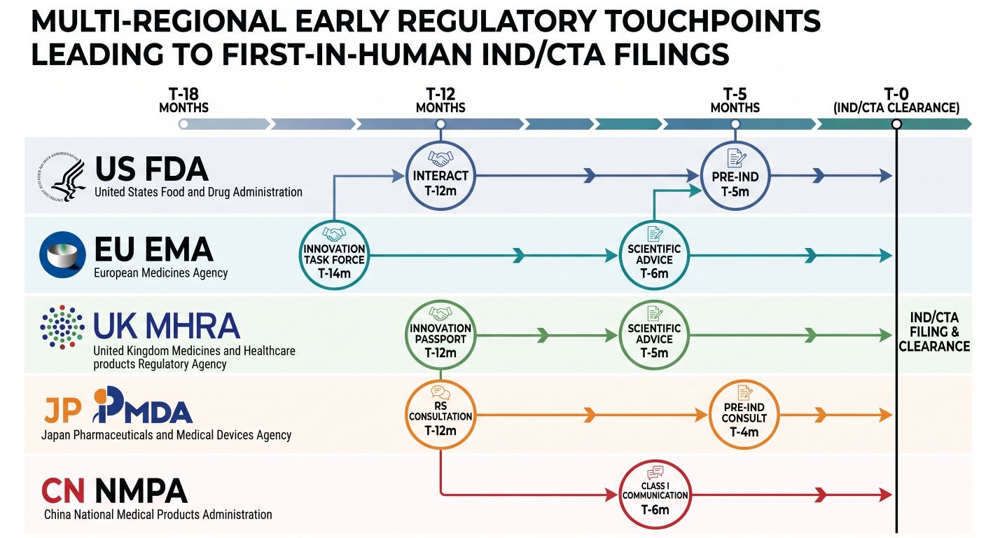 Horizontal timeline mapping multi-regional early regulatory touchpoints across FDA, EMA, MHRA, PMDA, and NMPA leading to IND clearance.